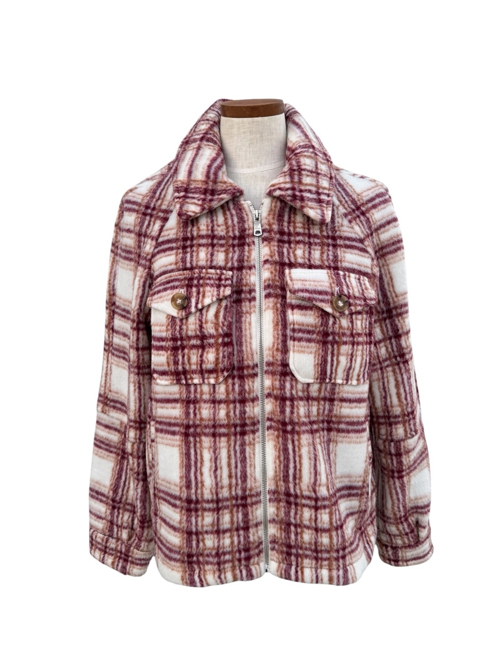 Avec Les Filles Cream and Burgundy Plaid Zip Utility Jacket Size Medium